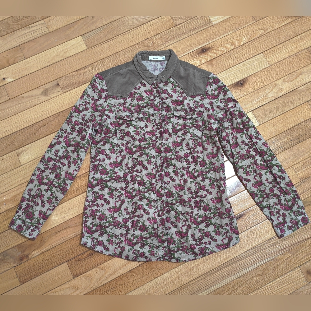 Vintage Floral Long Sleeve Corduroy Button-Up Shirt
